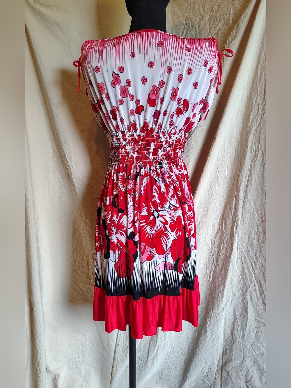 FC Factory Connection Floral Red & Pink Smock Waist Sundress Drawstring Sleeves - Picture 5 of 10